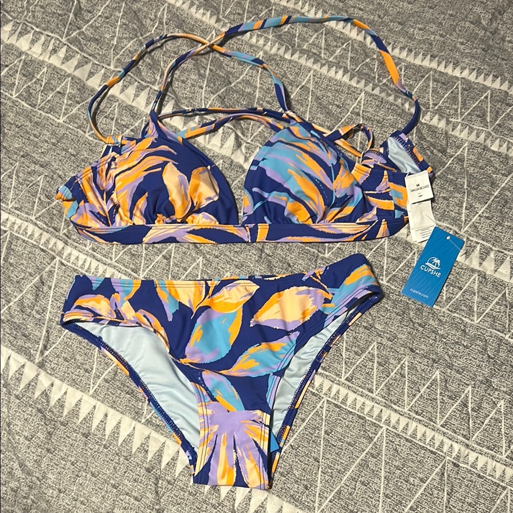 Cupshe Tropical Leaf Bikini Set - Blue and Orange